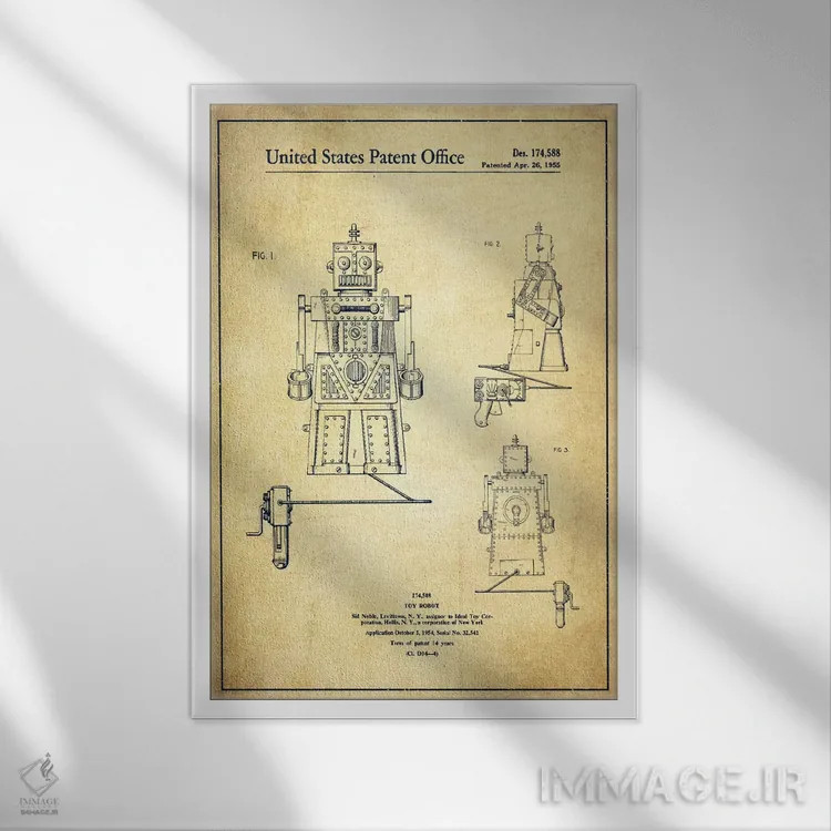 تابلو نقشهٔ پتنت ربات اسباببازی قدیمی اثر پیکسل کهنه (استودیو/نام هنری) - نمای قابدار سفید