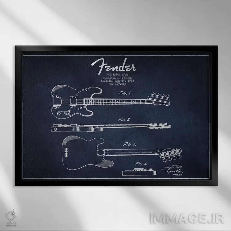 تابلو نقشهٔ پتنت گیتار فندر (آبی نفتی) اثر پیکسل کهنه (استودیو/نام هنری) - نمای قابدار مشکی