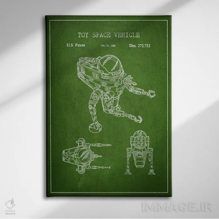 تابلو نقشهٔ پتنت ربات اسباببازی (سبز) اثر پیکسل کهنه (استودیو/نام هنری) - نمای روبهرو روی دیوار