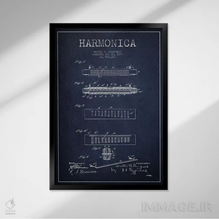 تابلو نقشهٔ پتنت هارمونیکا (آبی نفتی) اثر پیکسل کهنه (استودیو/نام هنری) - نمای قابدار مشکی