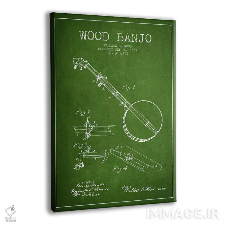 تابلو نقشهٔ پتنت بانجو چوبی (سبز) اثر پیکسل کهنه (استودیو/نام هنری) - نمای پرسپکتیو محصول