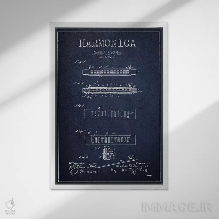 تابلو نقشهٔ پتنت هارمونیکا (آبی نفتی) اثر پیکسل کهنه (استودیو/نام هنری) - نمای قابدار سفید