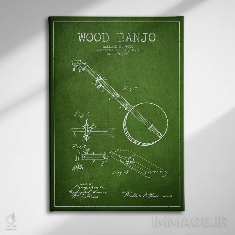 تابلو نقشهٔ پتنت بانجو چوبی (سبز) اثر پیکسل کهنه (استودیو/نام هنری) - نمای روبهرو روی دیوار