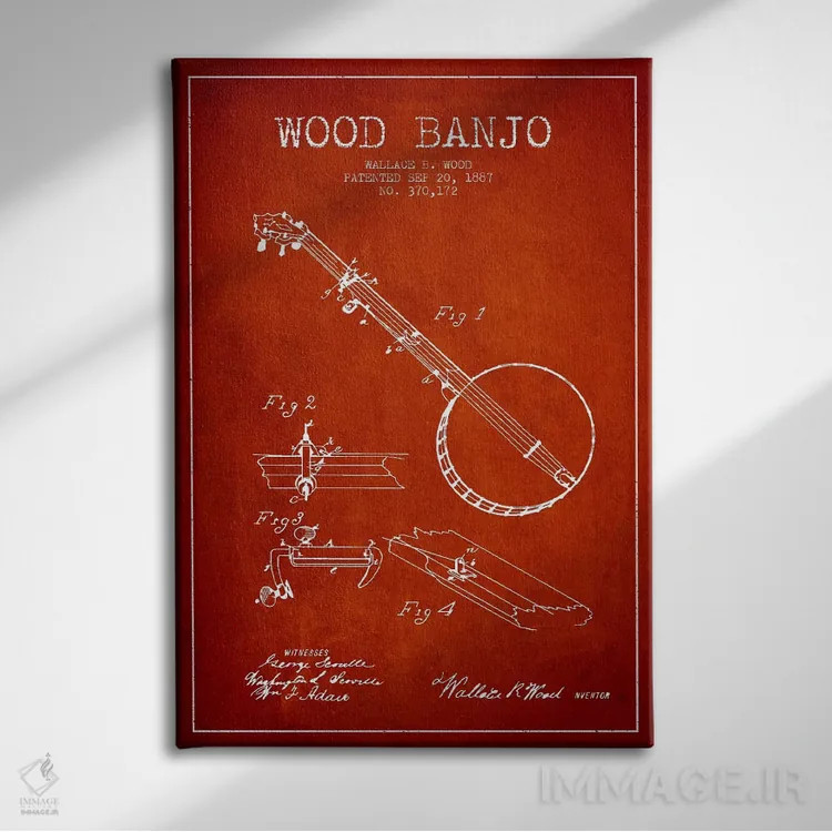 تابلو نقشهٔ پتنت بانجو چوبی (قرمز) اثر پیکسل کهنه (استودیو/نام هنری) - نمای روبهرو روی دیوار