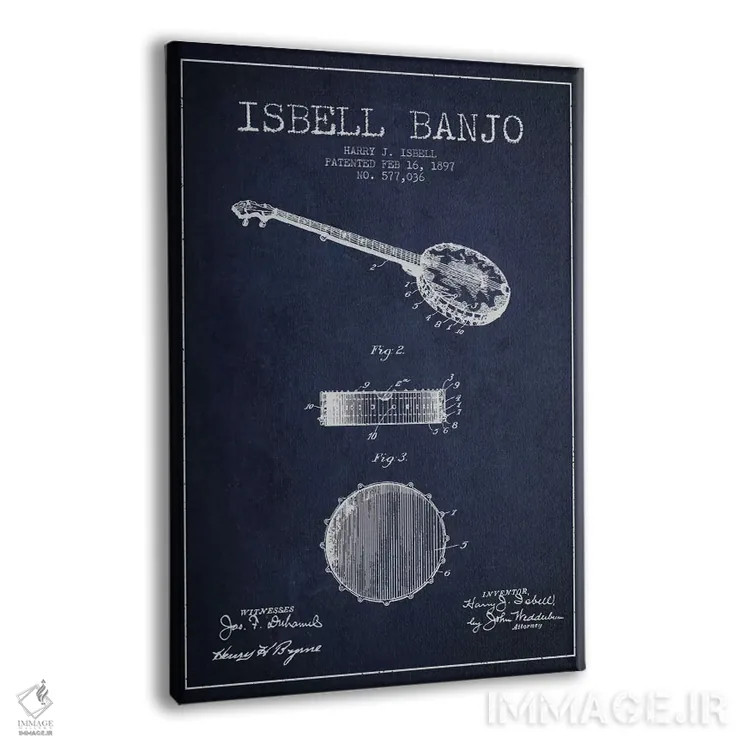 تابلو نقشهٔ پتنت بانجو ایزبل (آبی نفتی) اثر پیکسل کهنه (استودیو/نام هنری) - نمای پرسپکتیو محصول