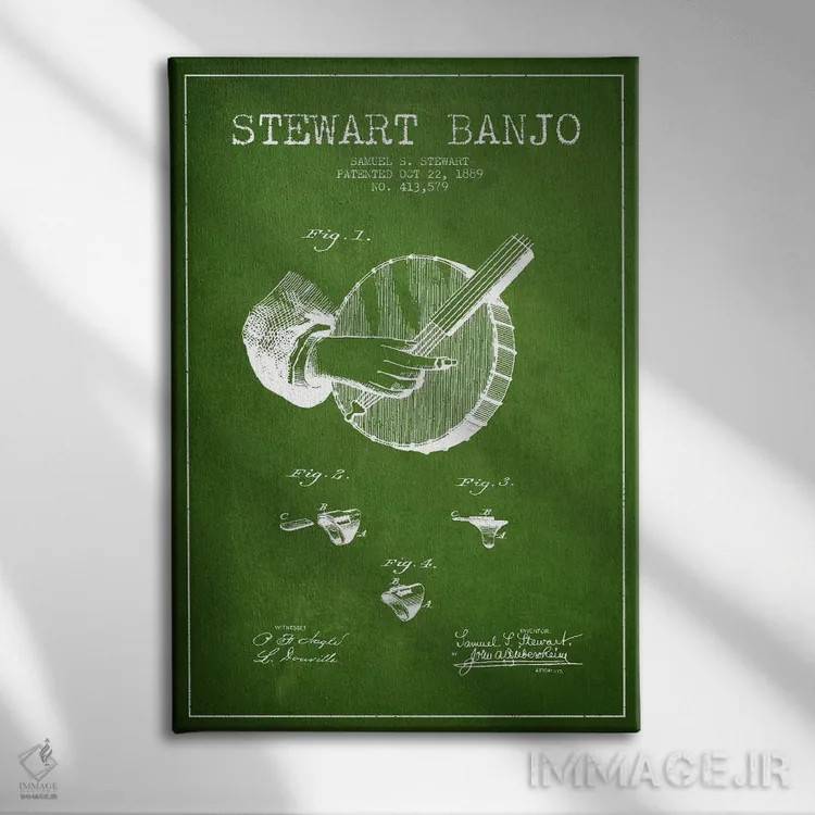تابلو نقشهٔ پتنت بانجو استوارت (سبز) اثر پیکسل کهنه (استودیو/نام هنری) - نمای روبهرو روی دیوار