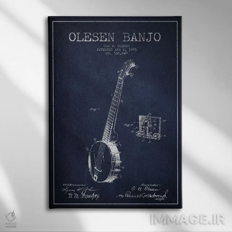 تابلو نقشهٔ پتنت بانجو اولسن (آبی نفتی) اثر پیکسل کهنه (استودیو/نام هنری) - نمای روبهرو روی دیوار