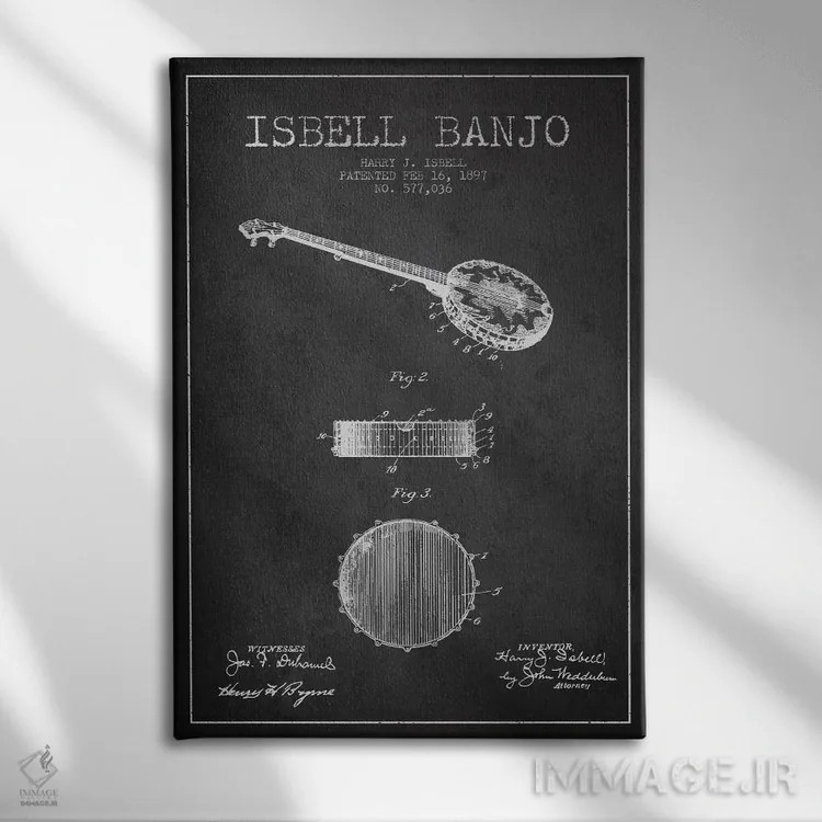 تابلو نقشهٔ پتنت بانجو ایزبل (ذغالی) اثر پیکسل کهنه (استودیو/نام هنری) - نمای روبهرو روی دیوار