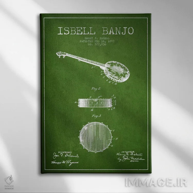 تابلو نقشهٔ پتنت بانجو ایزبل (سبز) اثر پیکسل کهنه (استودیو/نام هنری) - نمای روبهرو روی دیوار
