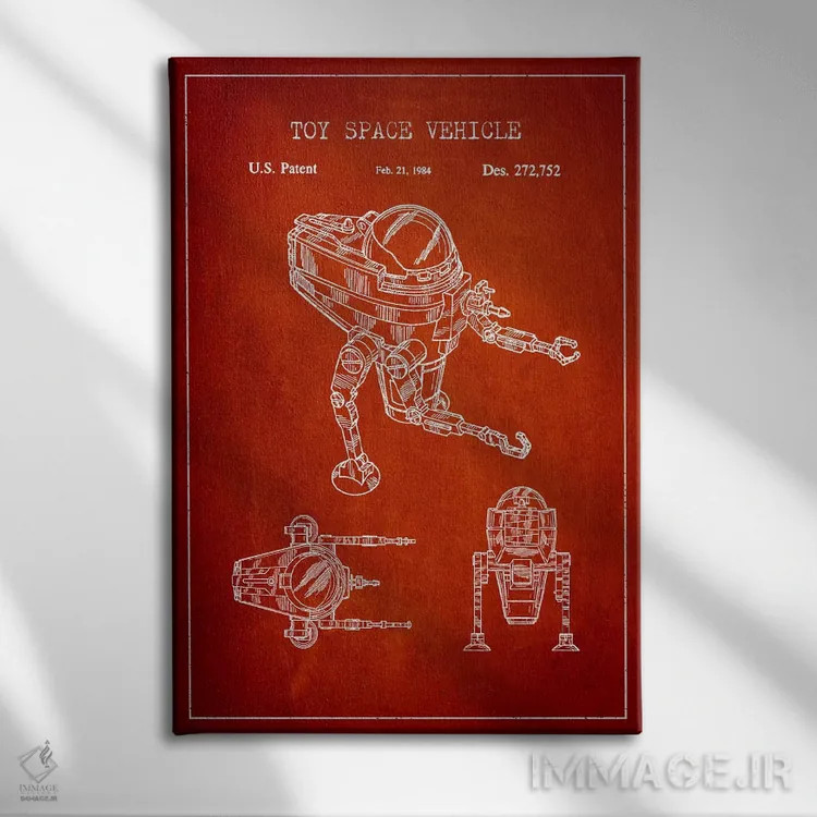 تابلو نقشهٔ پتنت ربات اسباببازی (قرمز) اثر پیکسل کهنه (استودیو/نام هنری) - نمای روبهرو روی دیوار