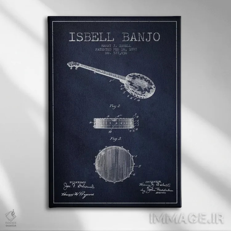 تابلو نقشهٔ پتنت بانجو ایزبل (آبی نفتی) اثر پیکسل کهنه (استودیو/نام هنری) - نمای روبهرو روی دیوار