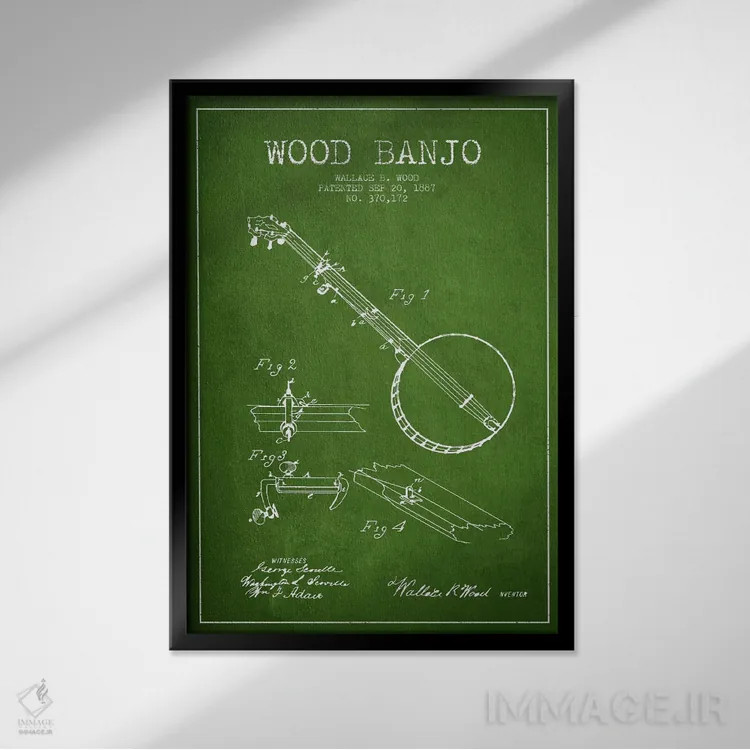 تابلو نقشهٔ پتنت بانجو چوبی (سبز) اثر پیکسل کهنه (استودیو/نام هنری) - نمای قابدار مشکی