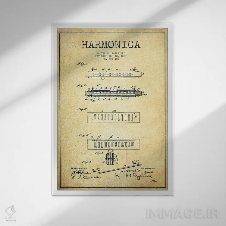 تابلو نقشهٔ پتنت هارمونیکا (قدیمی) اثر پیکسل کهنه (استودیو/نام هنری) - نمای قابدار سفید
