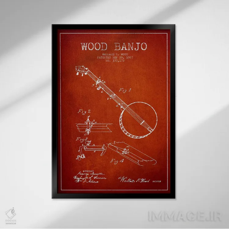 تابلو نقشهٔ پتنت بانجو چوبی (قرمز) اثر پیکسل کهنه (استودیو/نام هنری) - نمای قابدار مشکی