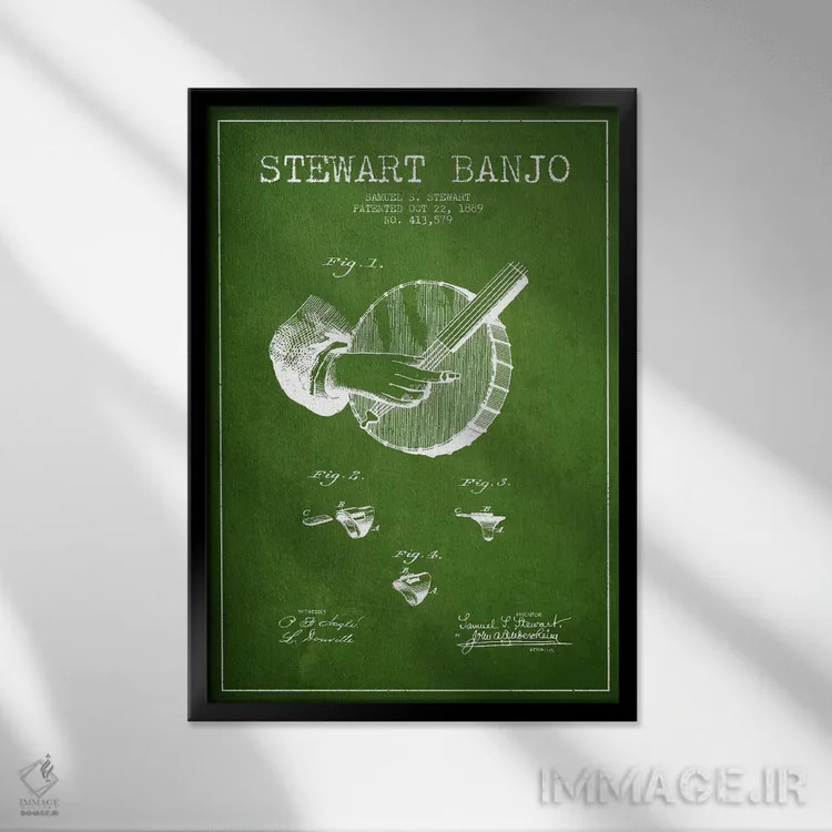 تابلو نقشهٔ پتنت بانجو استوارت (سبز) اثر پیکسل کهنه (استودیو/نام هنری) - نمای قابدار مشکی