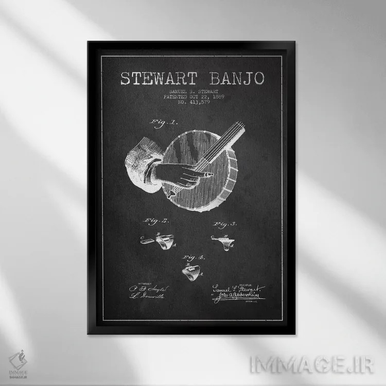 تابلو نقشهٔ پتنت بانجو استوارت (ذغالی) اثر پیکسل کهنه (استودیو/نام هنری) - نمای قابدار مشکی