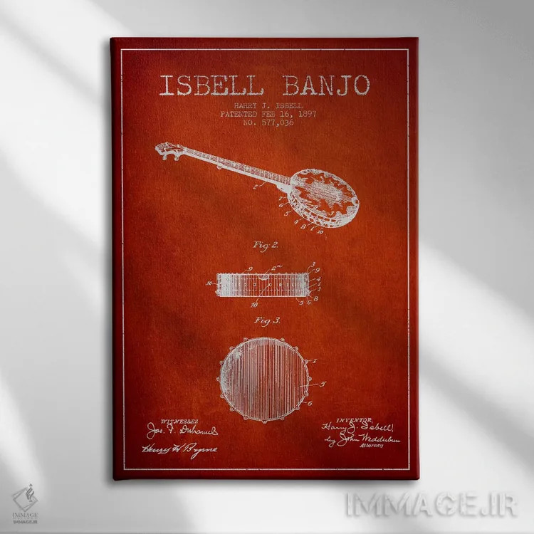 تابلو نقشهٔ پتنت بانجو ایزبل (قرمز) اثر پیکسل کهنه (استودیو/نام هنری) - نمای روبهرو روی دیوار