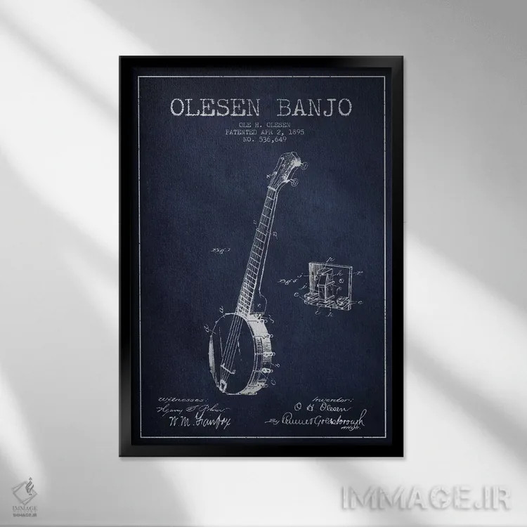 تابلو نقشهٔ پتنت بانجو اولسن (آبی نفتی) اثر پیکسل کهنه (استودیو/نام هنری) - نمای قابدار مشکی