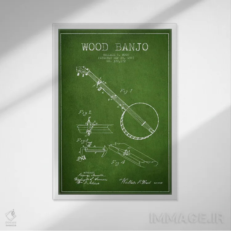 تابلو نقشهٔ پتنت بانجو چوبی (سبز) اثر پیکسل کهنه (استودیو/نام هنری) - نمای قابدار سفید