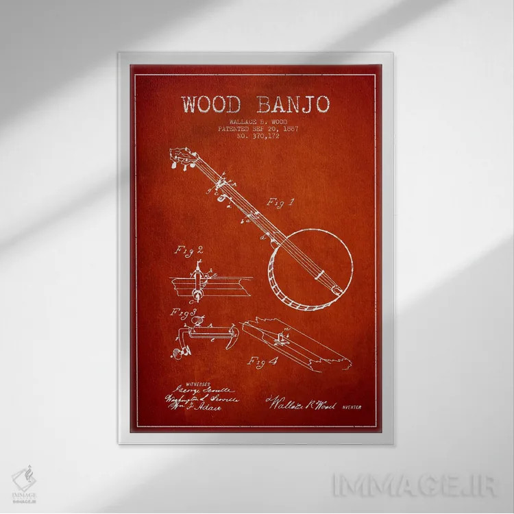 تابلو نقشهٔ پتنت بانجو چوبی (قرمز) اثر پیکسل کهنه (استودیو/نام هنری) - نمای قابدار سفید