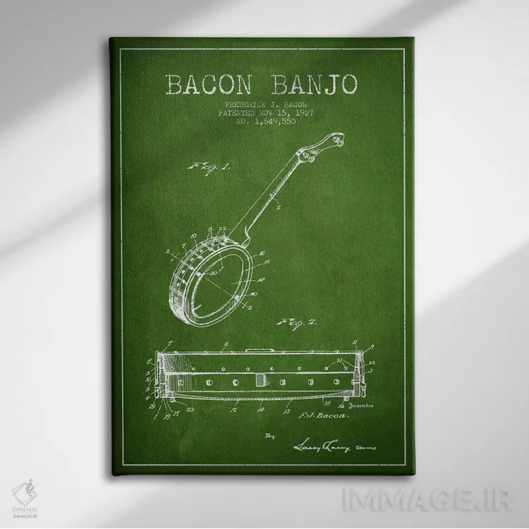 تابلو نقشهٔ پتنت بانجو بیکن (سبز) اثر پیکسل کهنه (استودیو/نام هنری) - نمای روبهرو روی دیوار