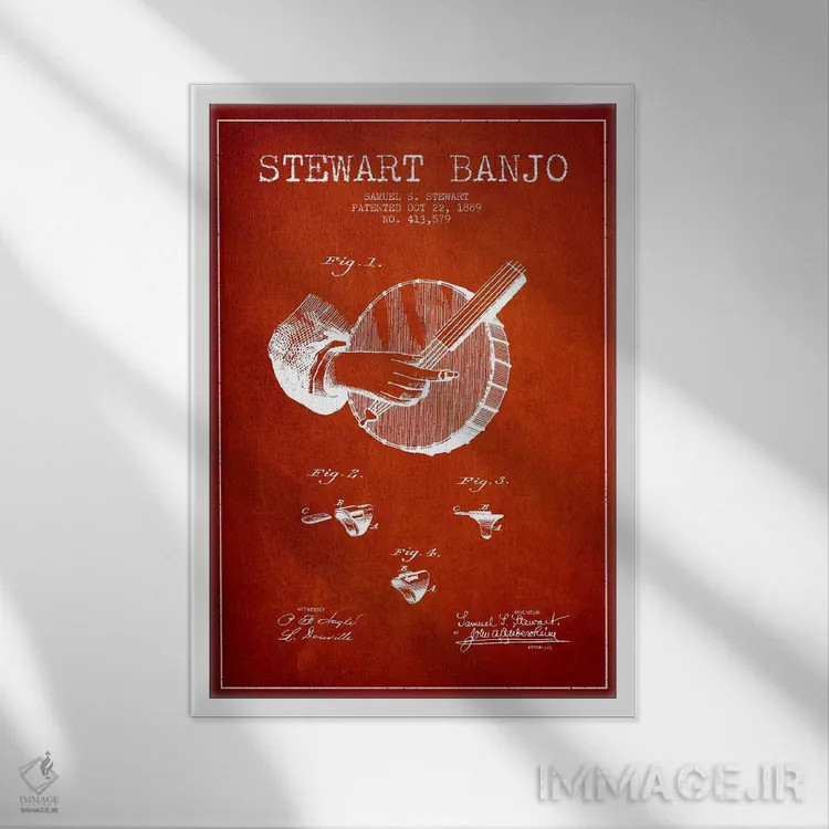 تابلو نقشهٔ پتنت بانجو استوارت (قرمز) اثر پیکسل کهنه (استودیو/نام هنری) - نمای قابدار سفید