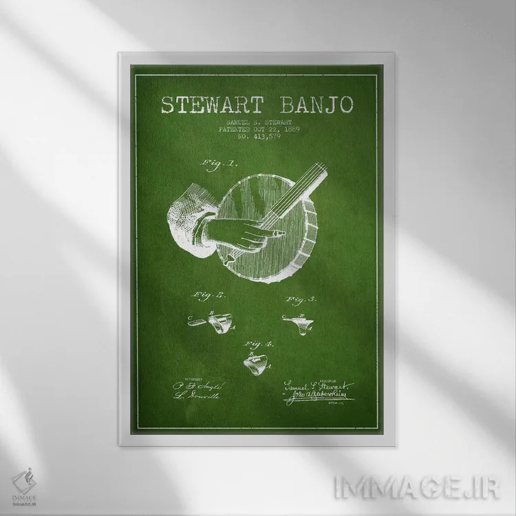 تابلو نقشهٔ پتنت بانجو استوارت (سبز) اثر پیکسل کهنه (استودیو/نام هنری) - نمای قابدار سفید
