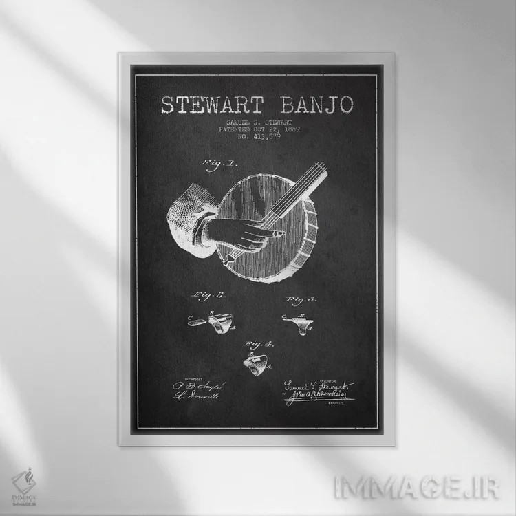 تابلو نقشهٔ پتنت بانجو استوارت (ذغالی) اثر پیکسل کهنه (استودیو/نام هنری) - نمای قابدار سفید