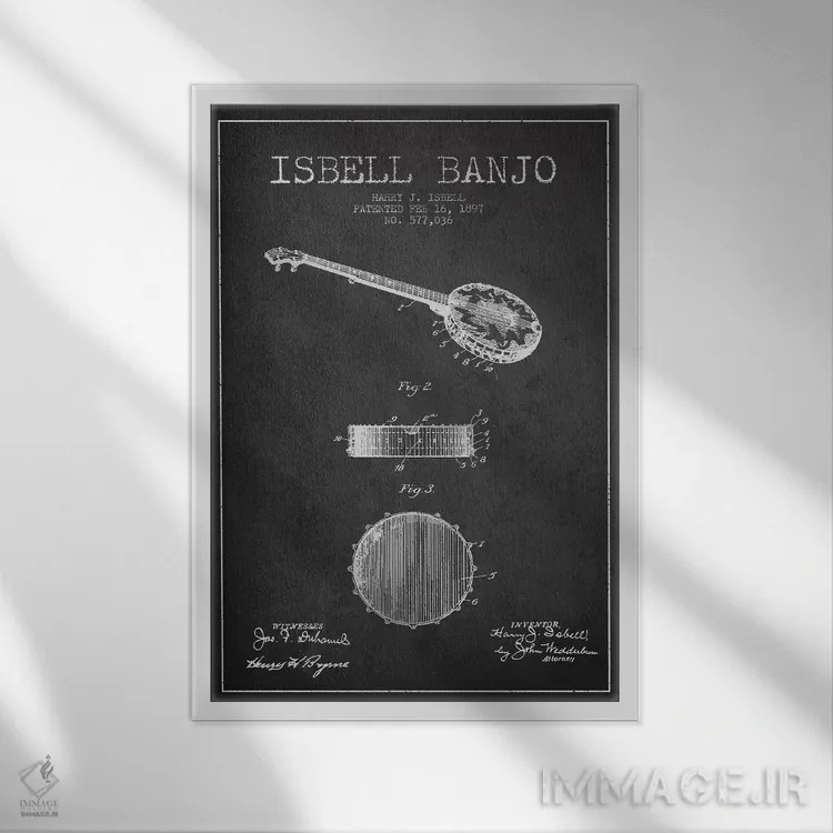 تابلو نقشهٔ پتنت بانجو ایزبل (ذغالی) اثر پیکسل کهنه (استودیو/نام هنری) - نمای قابدار سفید