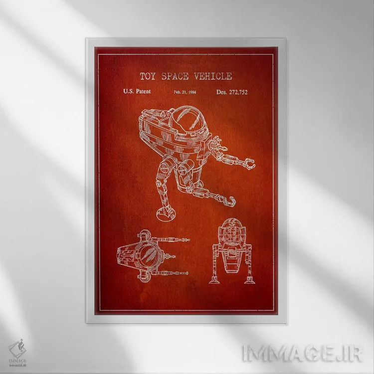 تابلو نقشهٔ پتنت ربات اسباببازی (قرمز) اثر پیکسل کهنه (استودیو/نام هنری) - نمای قابدار سفید