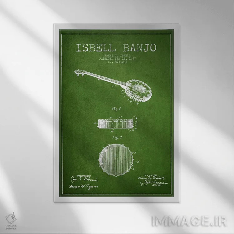 تابلو نقشهٔ پتنت بانجو ایزبل (سبز) اثر پیکسل کهنه (استودیو/نام هنری) - نمای قابدار سفید