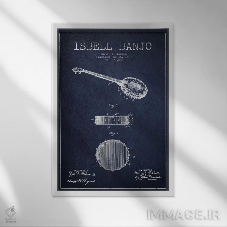 تابلو نقشهٔ پتنت بانجو ایزبل (آبی نفتی) اثر پیکسل کهنه (استودیو/نام هنری) - نمای قابدار سفید