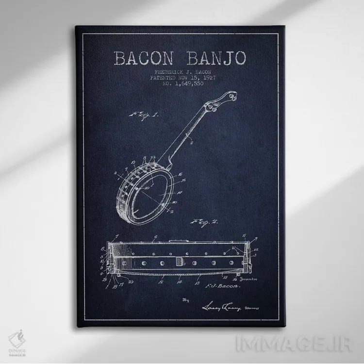 تابلو نقشهٔ پتنت بانجو بیکن (آبی نفتی) اثر پیکسل کهنه (استودیو/نام هنری) - نمای روبهرو روی دیوار