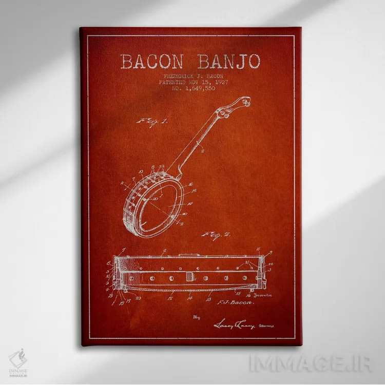 تابلو نقشهٔ پتنت بانجو بیکن (قرمز) اثر پیکسل کهنه (استودیو/نام هنری) - نمای روبهرو روی دیوار