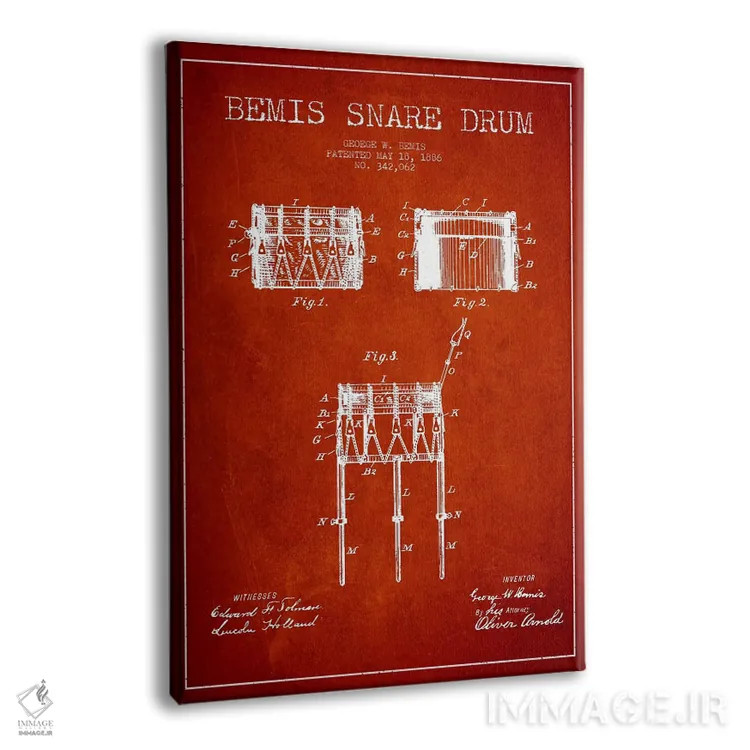 تابلو نقشهٔ پتنت طبل بیمیس (قرمز) اثر پیکسل کهنه (استودیو/نام هنری) - نمای پرسپکتیو محصول