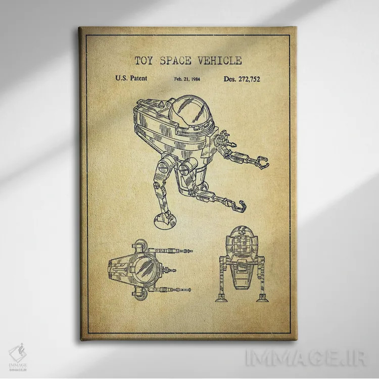 تابلو نقشهٔ پتنت ربات اسباببازی قدیمی اثر پیکسل کهنه (استودیو/نام هنری) - نمای روبهرو روی دیوار