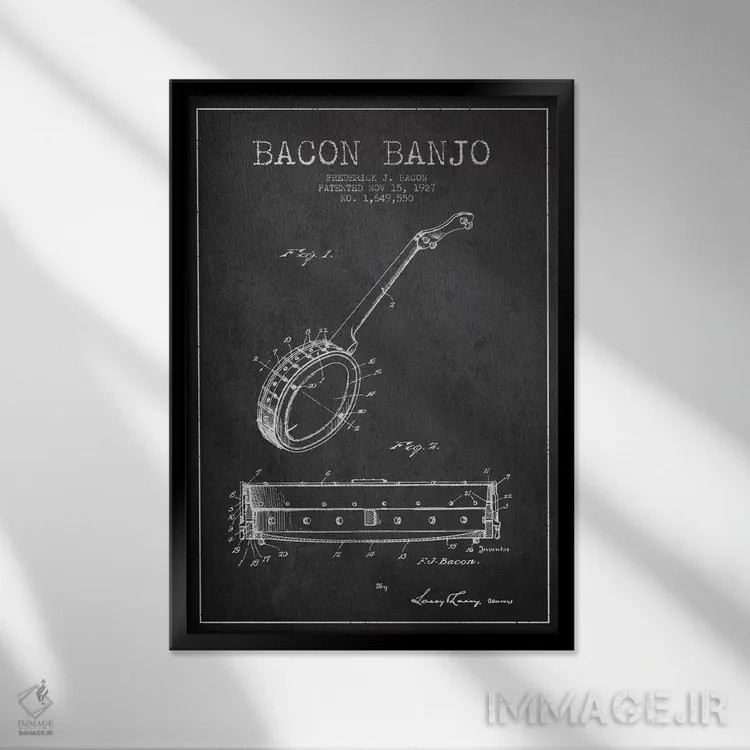 تابلو نقشهٔ پتنت بانجو بیکن (ذغالی) اثر پیکسل کهنه (استودیو/نام هنری) - نمای قابدار مشکی