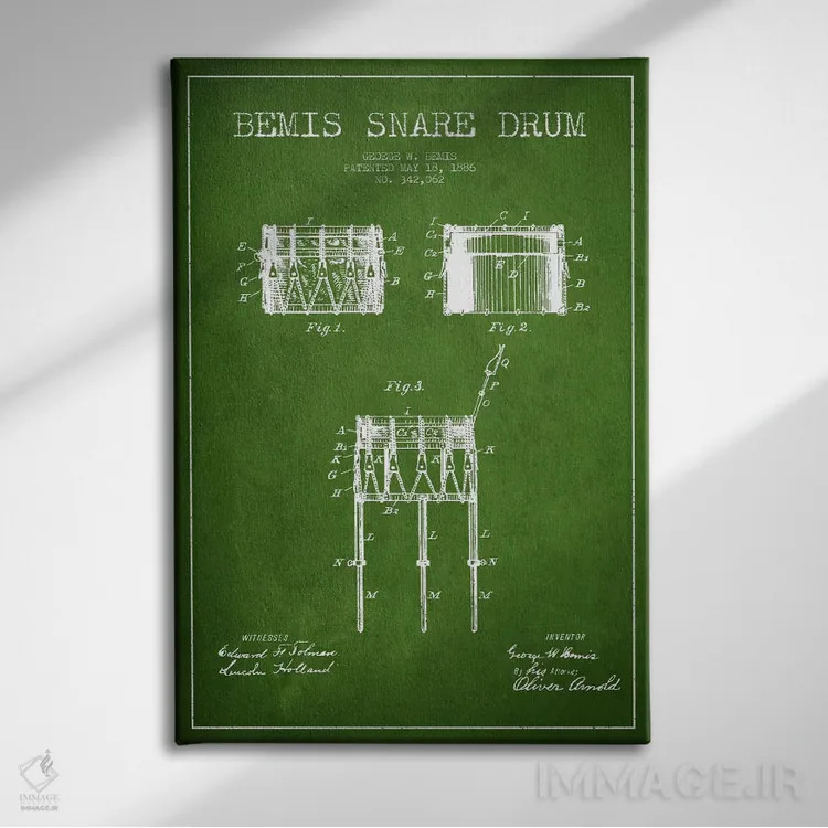 تابلو نقشهٔ پتنت طبل بیمیس (سبز) اثر پیکسل کهنه (استودیو/نام هنری) - نمای روبهرو روی دیوار