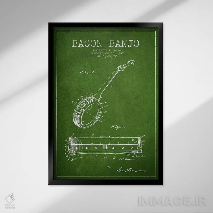 تابلو نقشهٔ پتنت بانجو بیکن (سبز) اثر پیکسل کهنه (استودیو/نام هنری) - نمای قابدار مشکی
