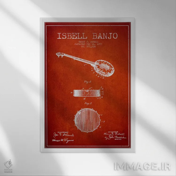 تابلو نقشهٔ پتنت بانجو ایزبل (قرمز) اثر پیکسل کهنه (استودیو/نام هنری) - نمای قابدار سفید