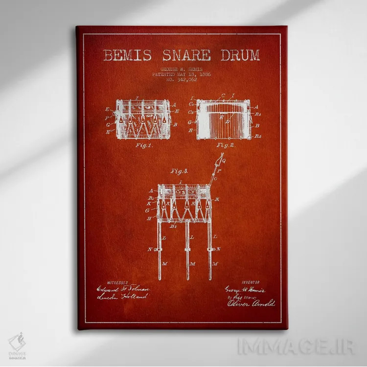 تابلو نقشهٔ پتنت طبل بیمیس (قرمز) اثر پیکسل کهنه (استودیو/نام هنری) - نمای روبهرو روی دیوار