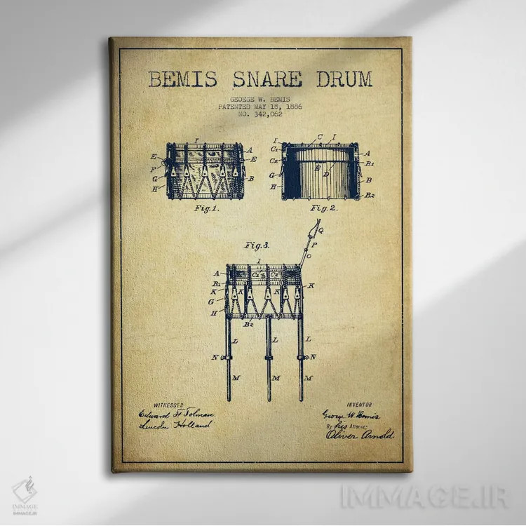 تابلو نقشهٔ پتنت طبل بیمیس (قدیمی) اثر پیکسل کهنه (استودیو/نام هنری) - نمای روبهرو روی دیوار