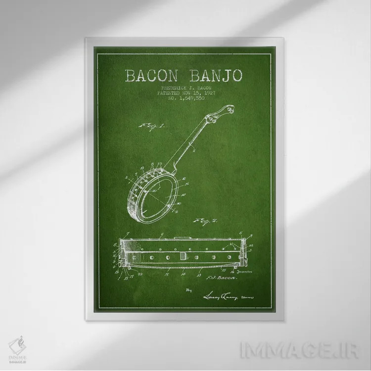 تابلو نقشهٔ پتنت بانجو بیکن (سبز) اثر پیکسل کهنه (استودیو/نام هنری) - نمای قابدار سفید