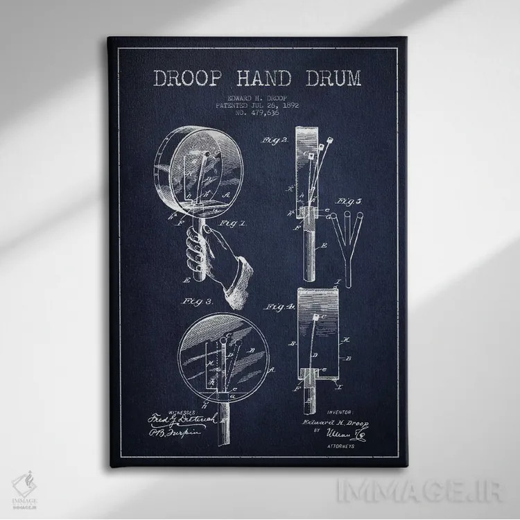 تابلو نقشهٔ پتنت طبل دروپ (آبی نفتی) اثر پیکسل کهنه (استودیو/نام هنری) - نمای روبهرو روی دیوار