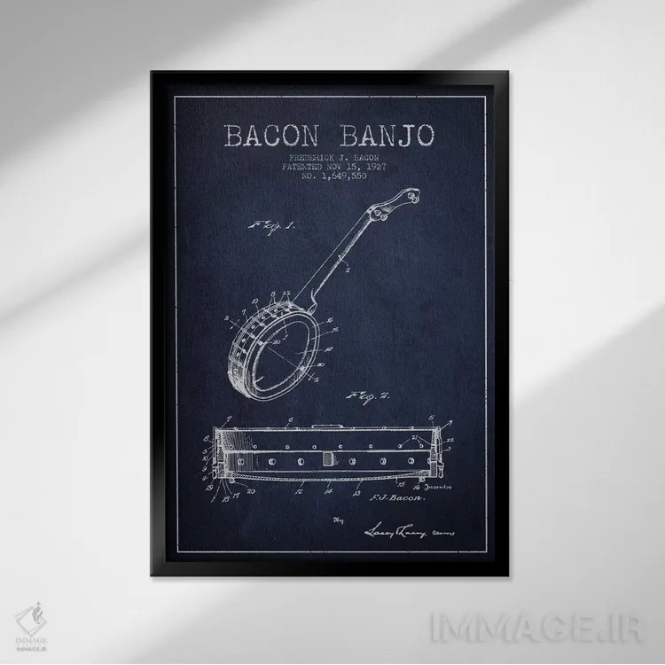 تابلو نقشهٔ پتنت بانجو بیکن (آبی نفتی) اثر پیکسل کهنه (استودیو/نام هنری) - نمای قابدار مشکی