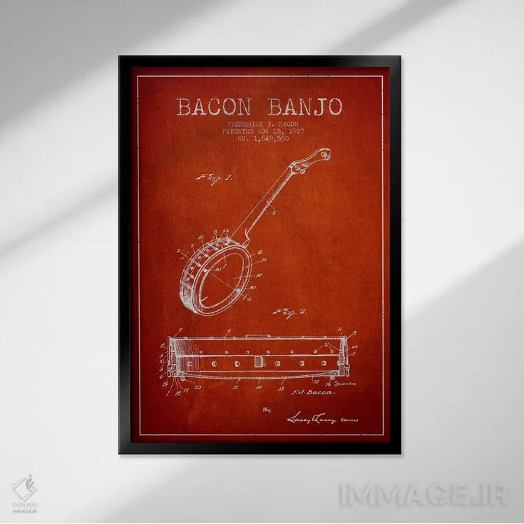 تابلو نقشهٔ پتنت بانجو بیکن (قرمز) اثر پیکسل کهنه (استودیو/نام هنری) - نمای قابدار مشکی