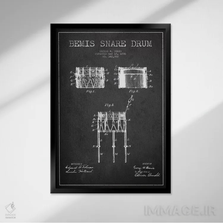 تابلو نقشهٔ پتنت طبل بیمیس (ذغالی) اثر پیکسل کهنه (استودیو/نام هنری) - نمای قابدار مشکی