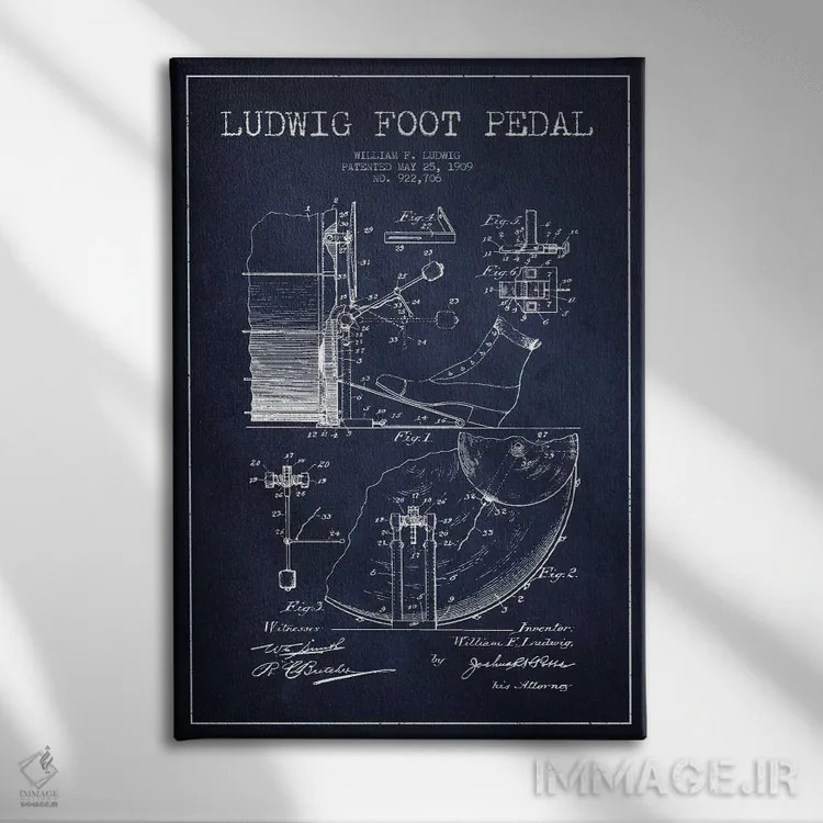 تابلو نقشهٔ پتنت پدال لودویگ (آبی نفتی) اثر پیکسل کهنه (استودیو/نام هنری) - نمای روبهرو روی دیوار