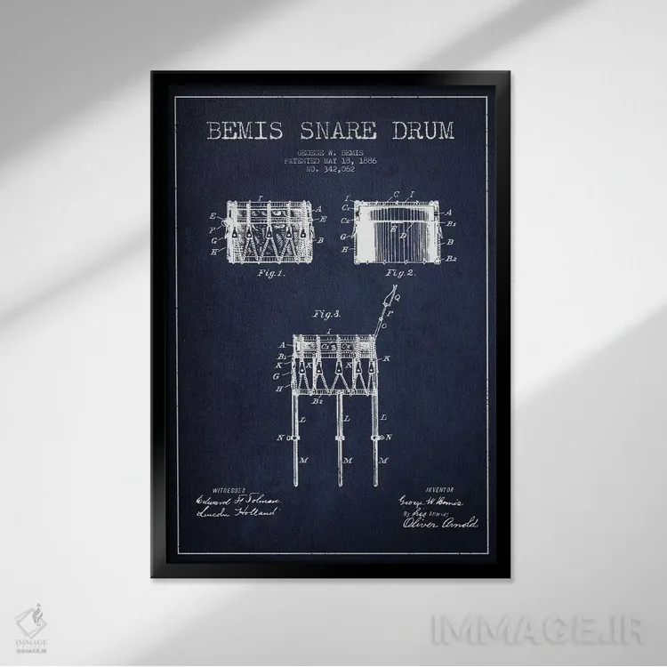 تابلو نقشهٔ پتنت طبل بیمیس (آبی نفتی) اثر پیکسل کهنه (استودیو/نام هنری) - نمای قابدار مشکی