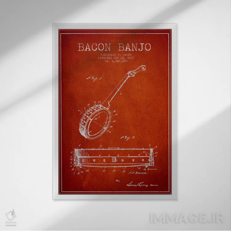 تابلو نقشهٔ پتنت بانجو بیکن (قرمز) اثر پیکسل کهنه (استودیو/نام هنری) - نمای قابدار سفید